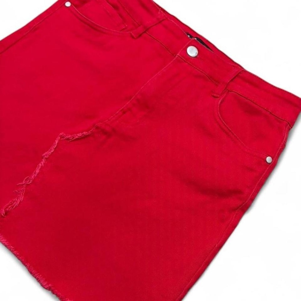 Denim Mini Skirt Cherry Red Vintage-Vibe Dollhouse Frayed hem Size 9 Y2K grunge - Picture 2 of 8